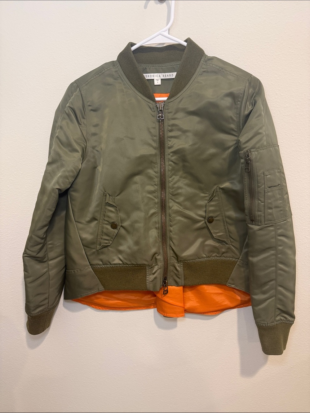 Veronica Beard Olive Green Bomber Jacket with Orange Lining